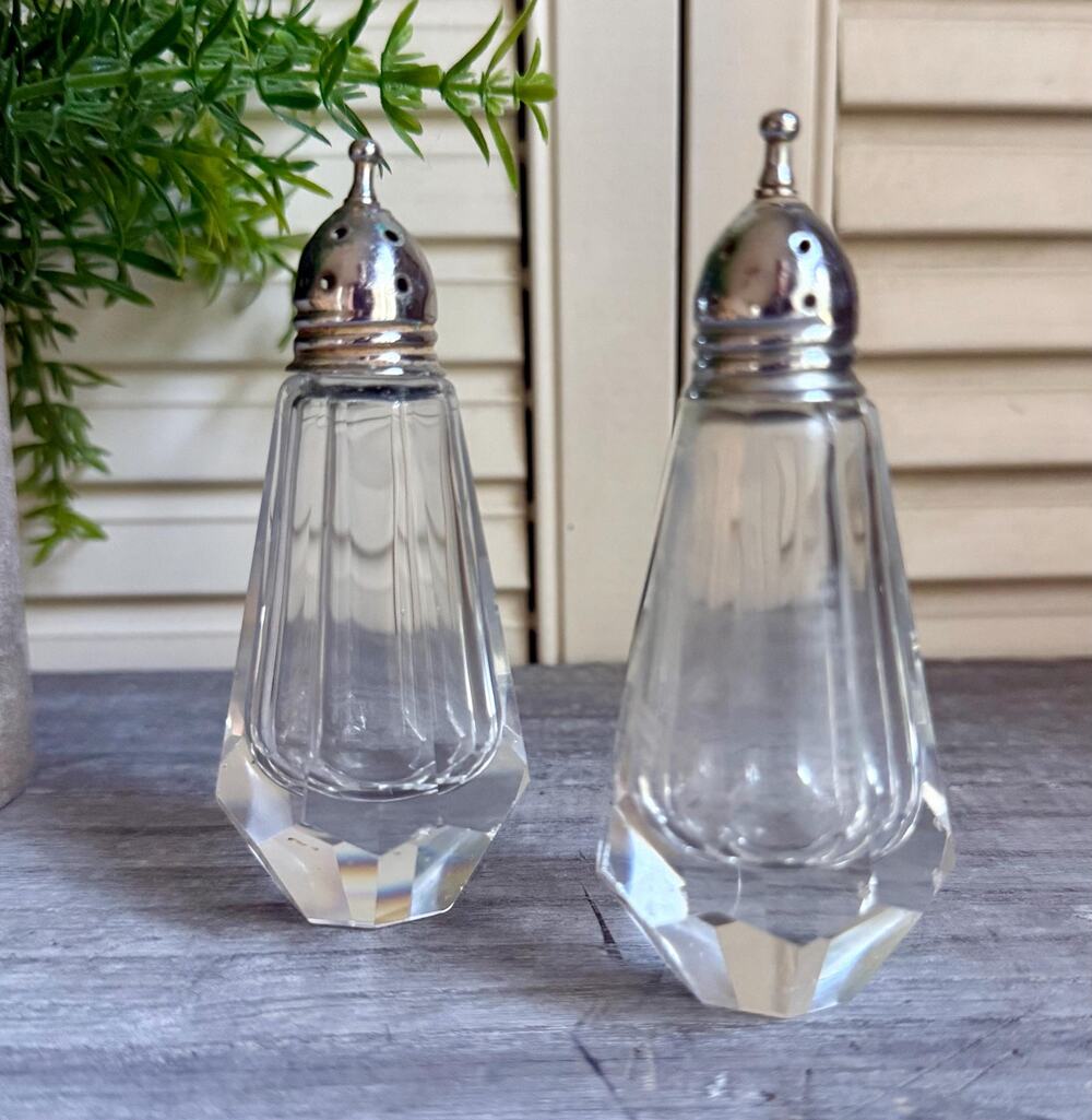 1990s Cut Glass Salt & Pepper Shakers | Diamond Paneled Clear Glass Shakers
